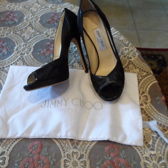 Jimmy Choo Black Silk Satin Peep Toe Platform Heeled Pump SIze 39.5B